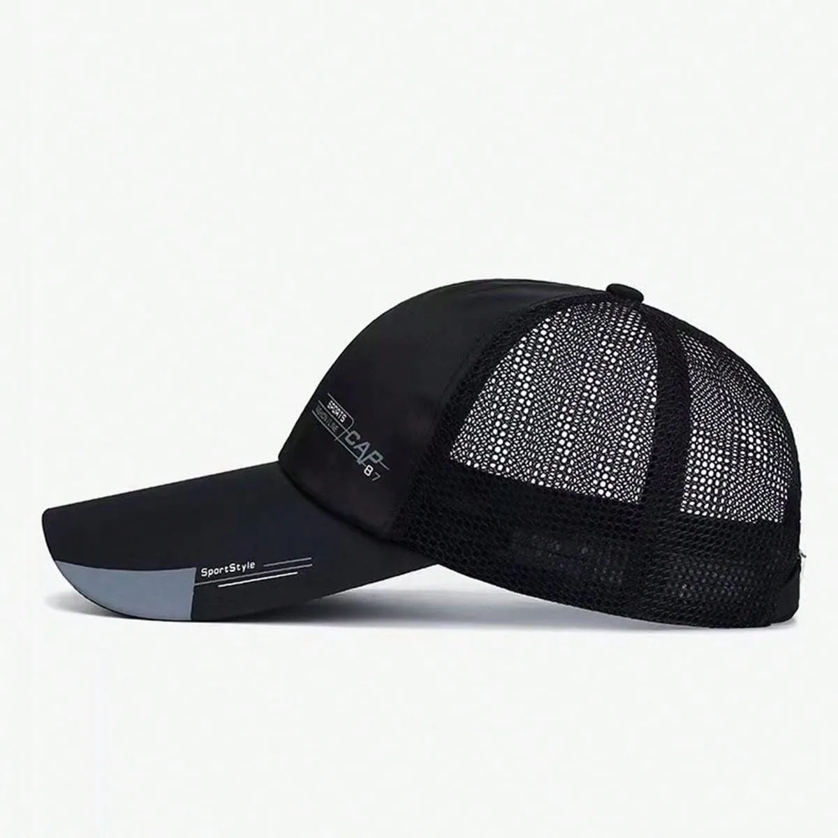 1pc Summer Breathable Mesh Extended Brim Sun Protection Baseball Cap For Men, Silk Fabric Printed Cap With Half-Mesh Design