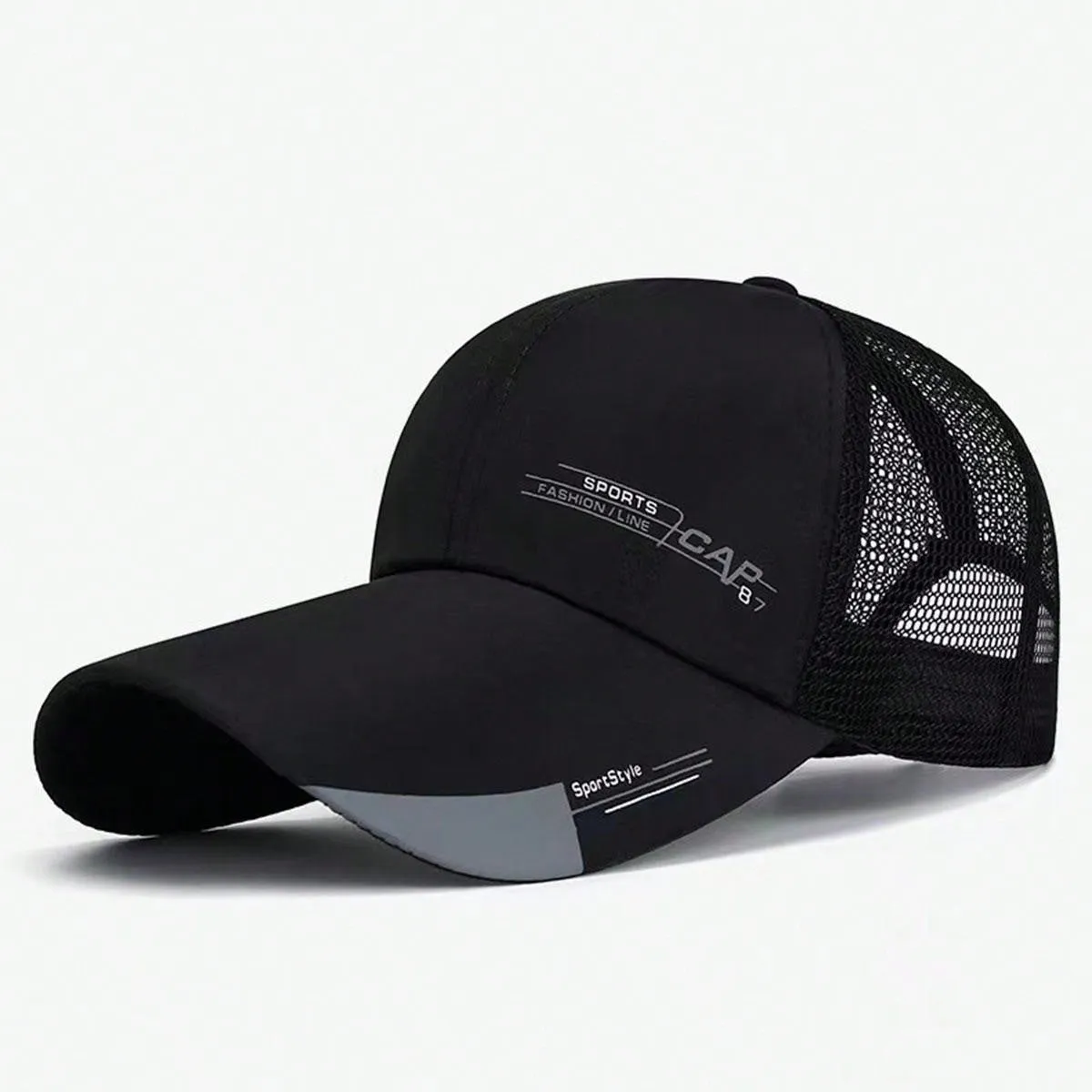 1pc Summer Breathable Mesh Extended Brim Sun Protection Baseball Cap For Men, Silk Fabric Printed Cap With Half-Mesh Design