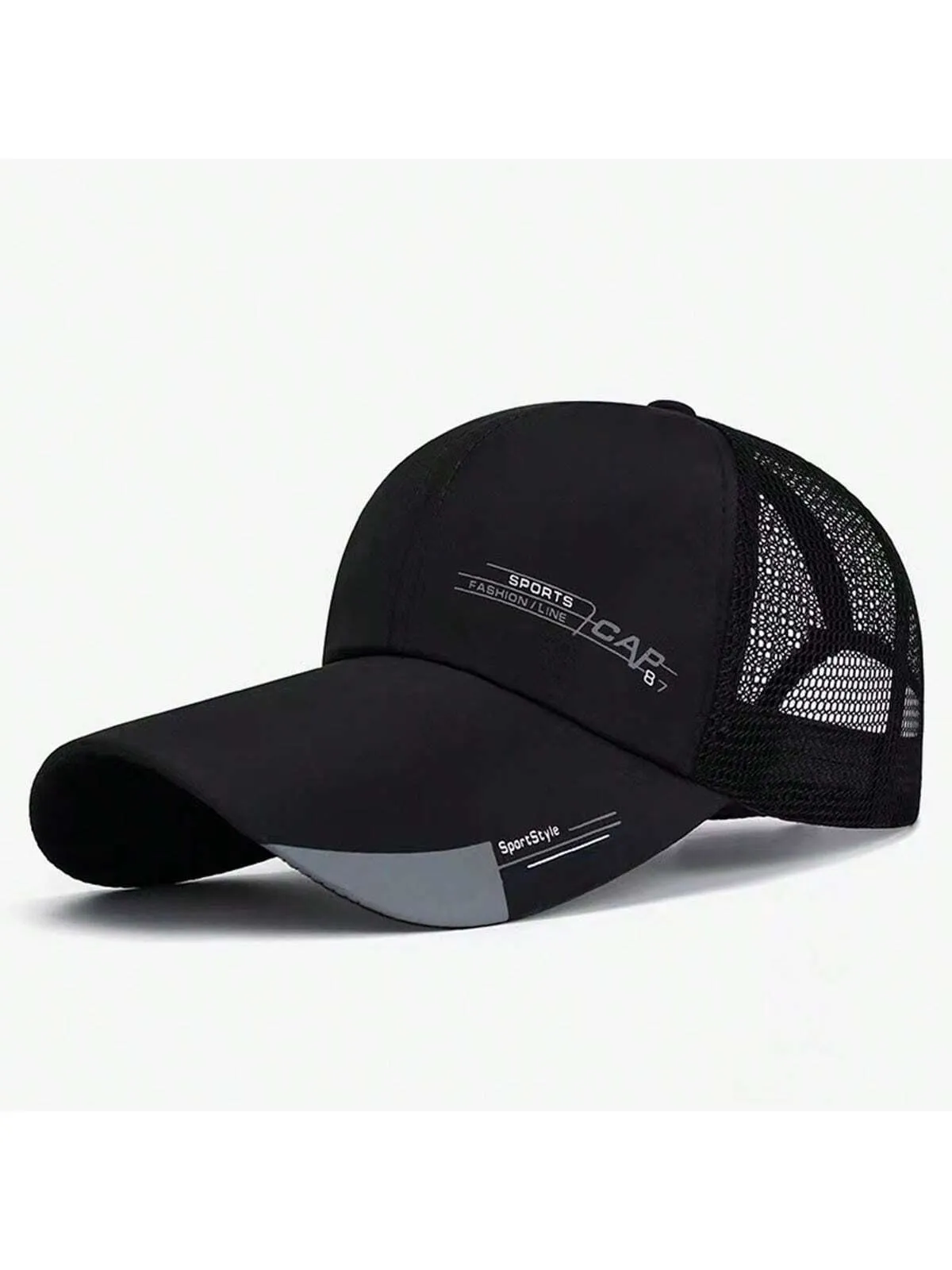 1pc Summer Breathable Mesh Extended Brim Sun Protection Baseball Cap For Men, Silk Fabric Printed Cap With Half-Mesh Design