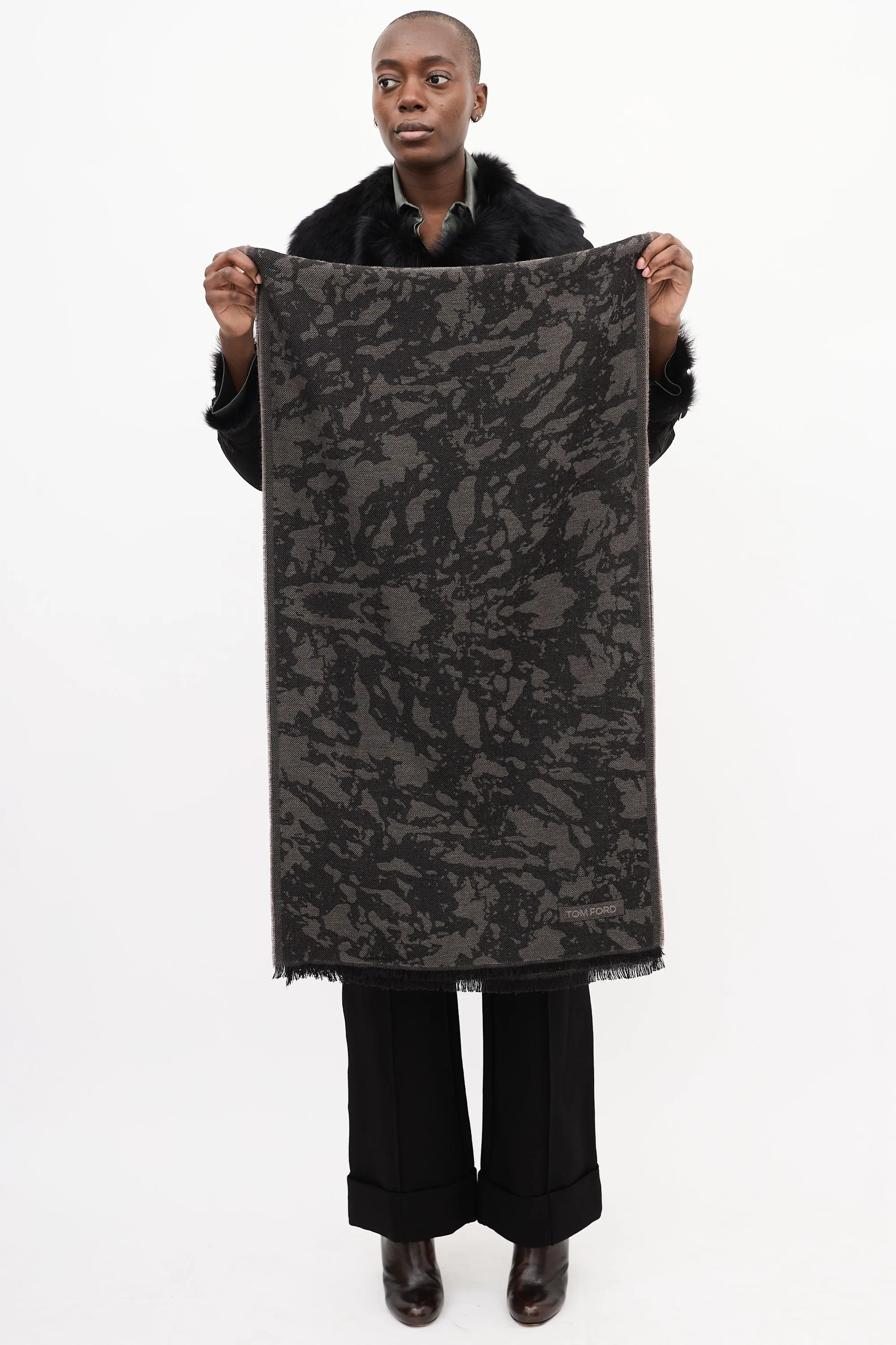Black & Grey Wool Camo Fringe Scarf