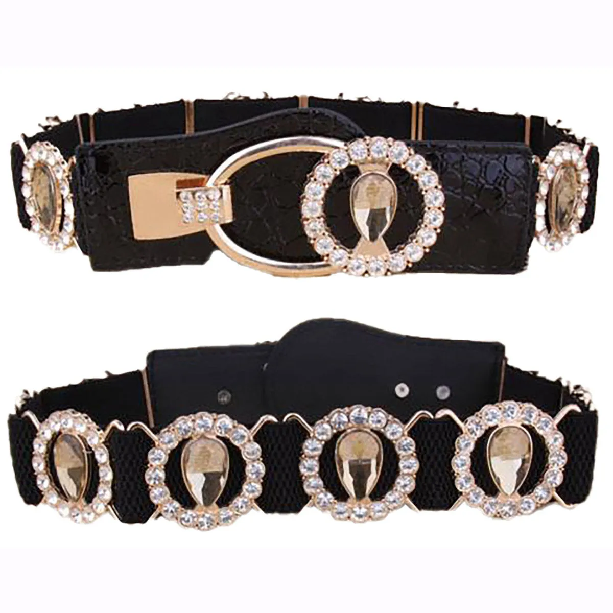 Dance America B008 Elastic Belt with Circle Topaz and Gold Accent in Stock