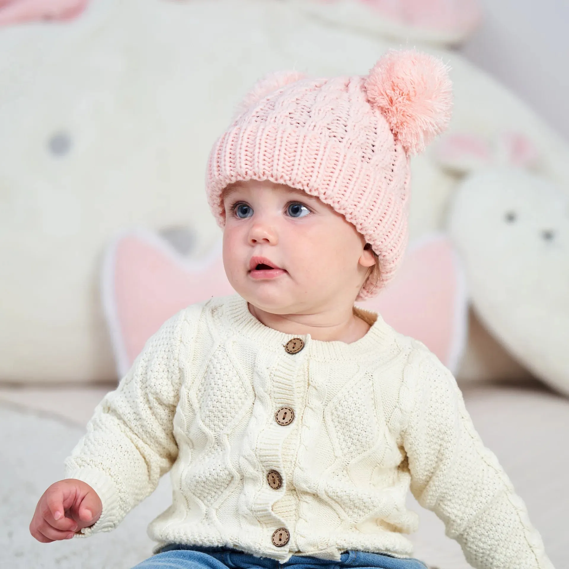 Knitted Beanie Bonnet With Pompoms