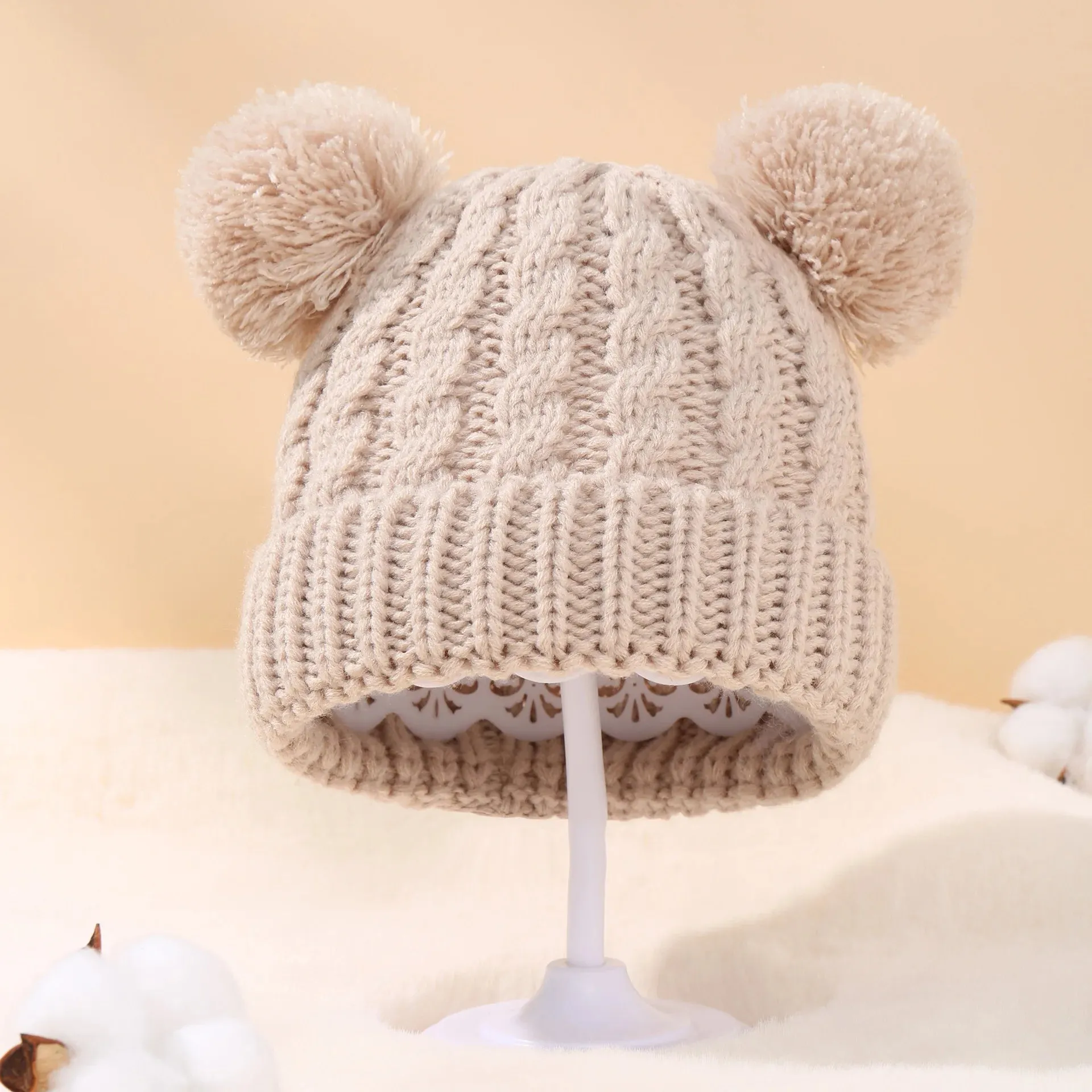Knitted Beanie Bonnet With Pompoms