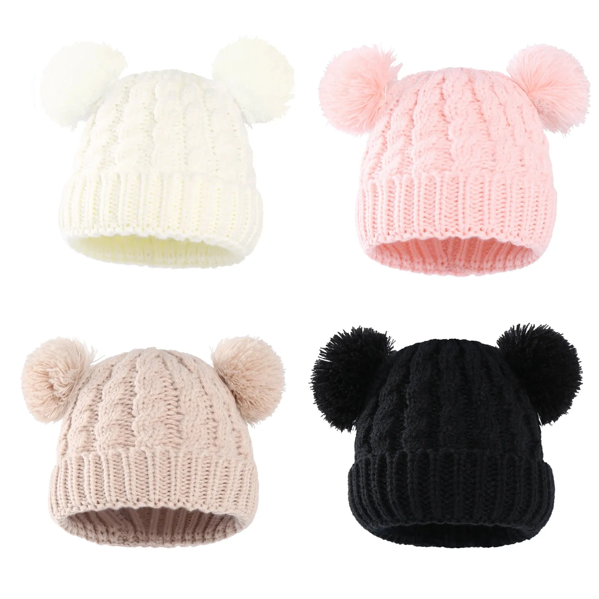 Knitted Beanie Bonnet With Pompoms