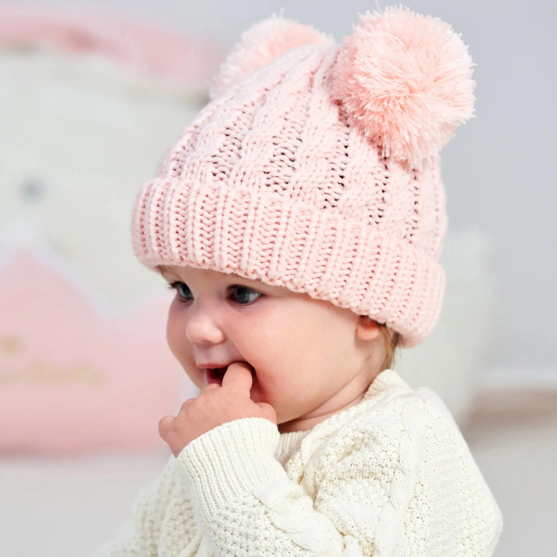 Knitted Beanie Bonnet With Pompoms