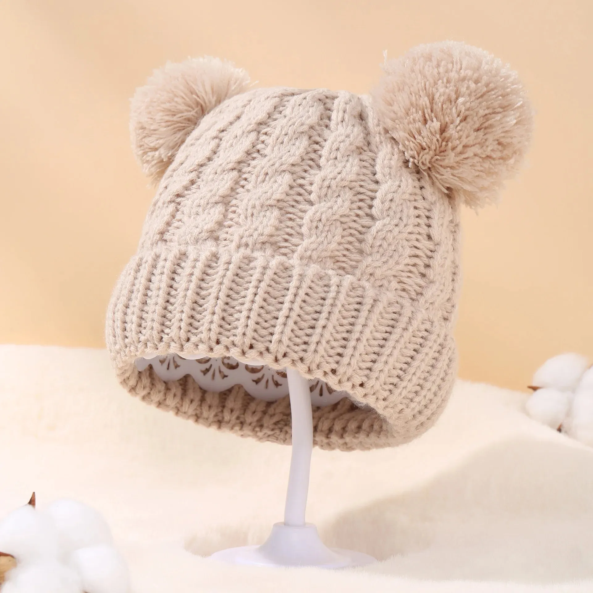Knitted Beanie Bonnet With Pompoms