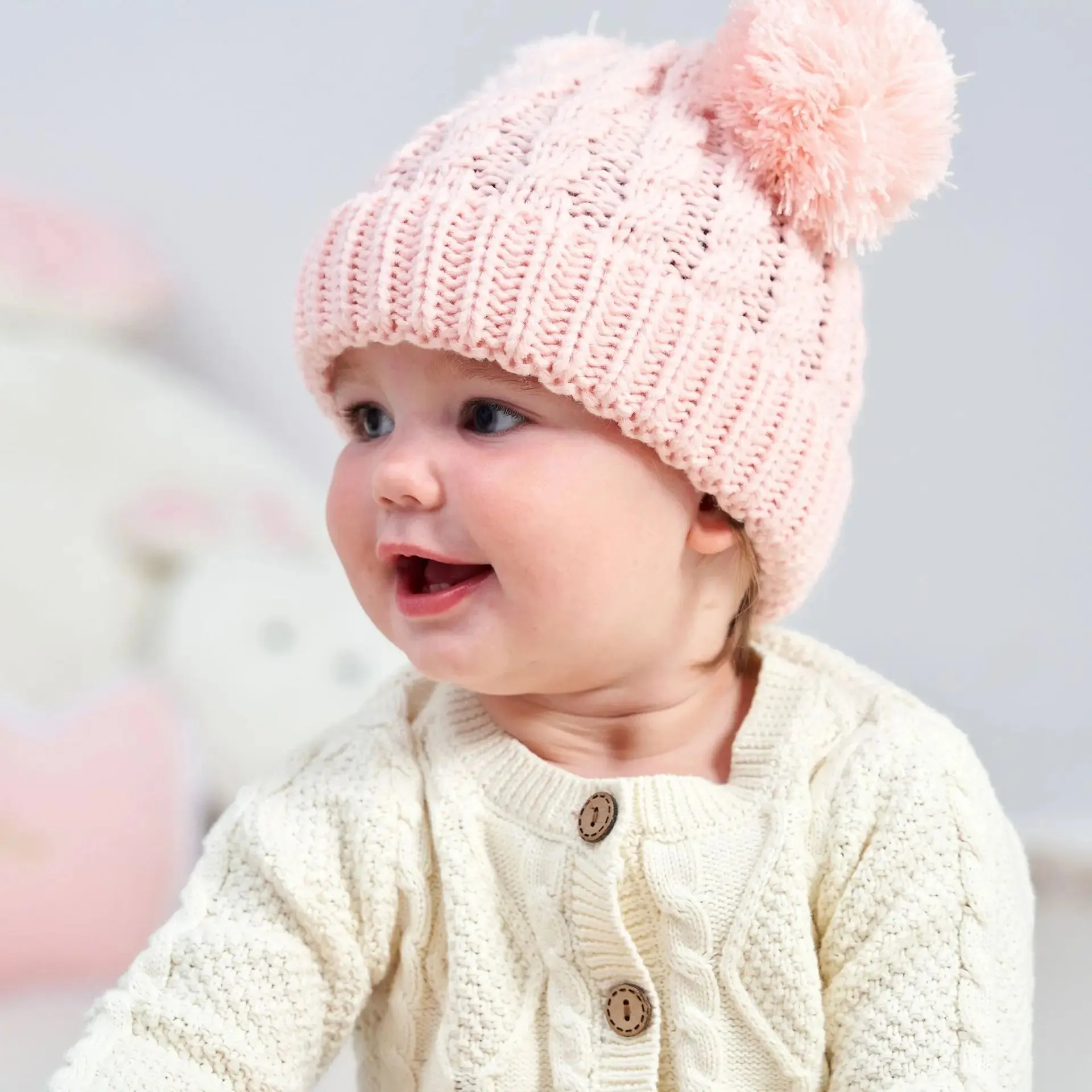 Knitted Beanie Bonnet With Pompoms