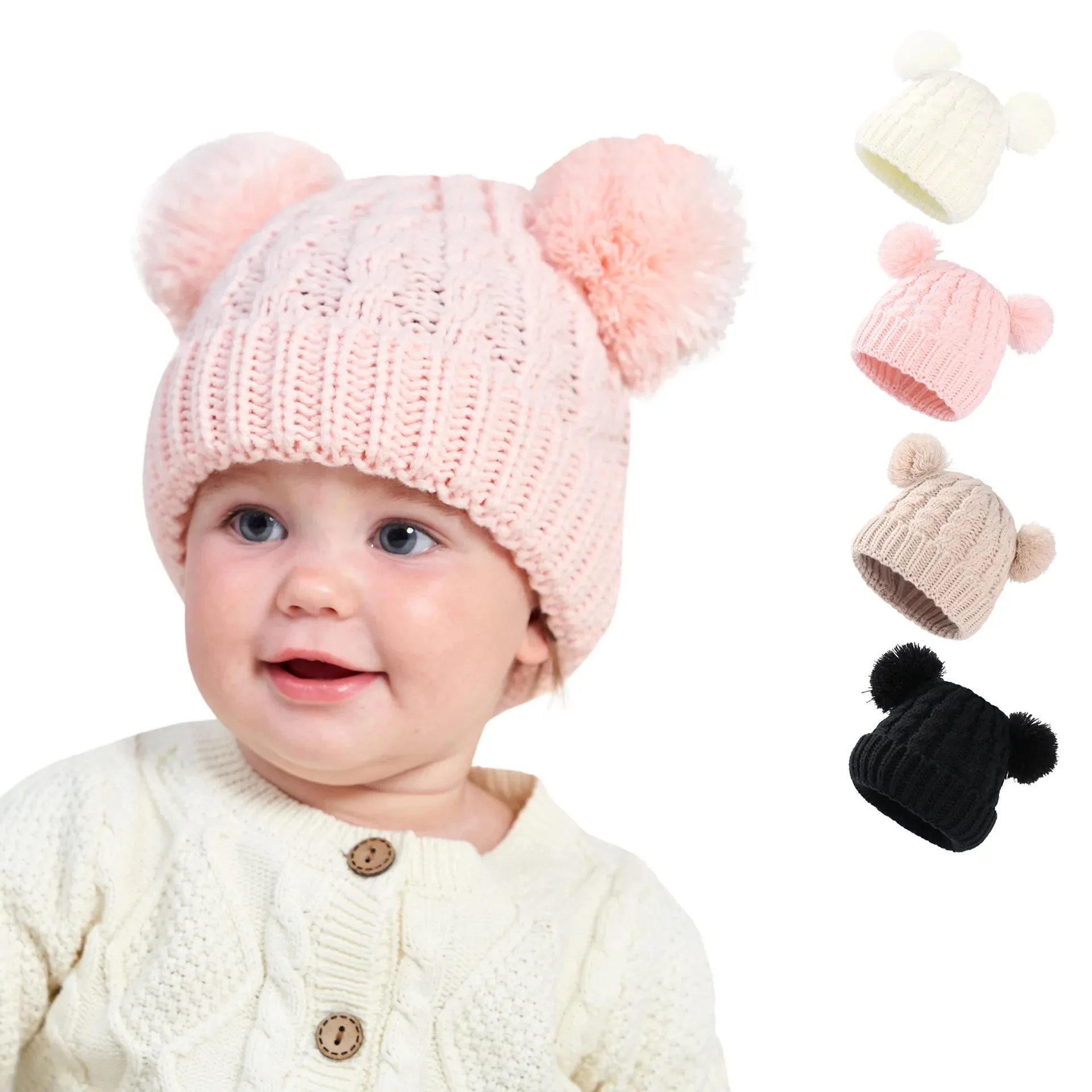 Knitted Beanie Bonnet With Pompoms